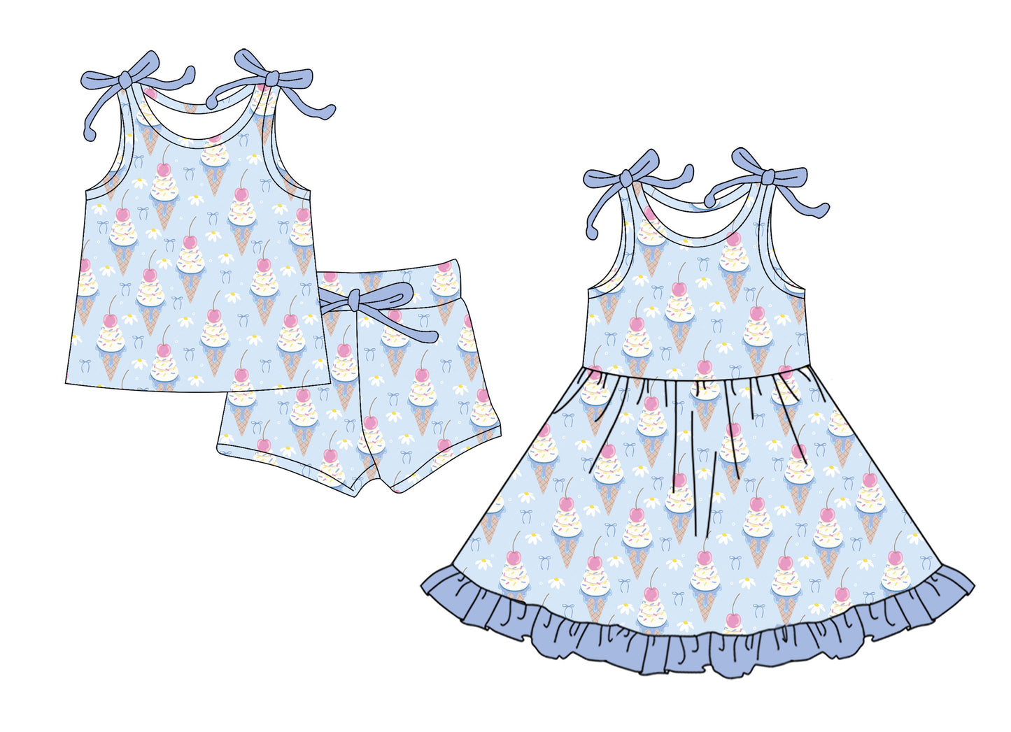 Custom moq 5 mix size Sibling Baby Girl's blue sleeveless Top And Shorts Set Cute Dress for Summer