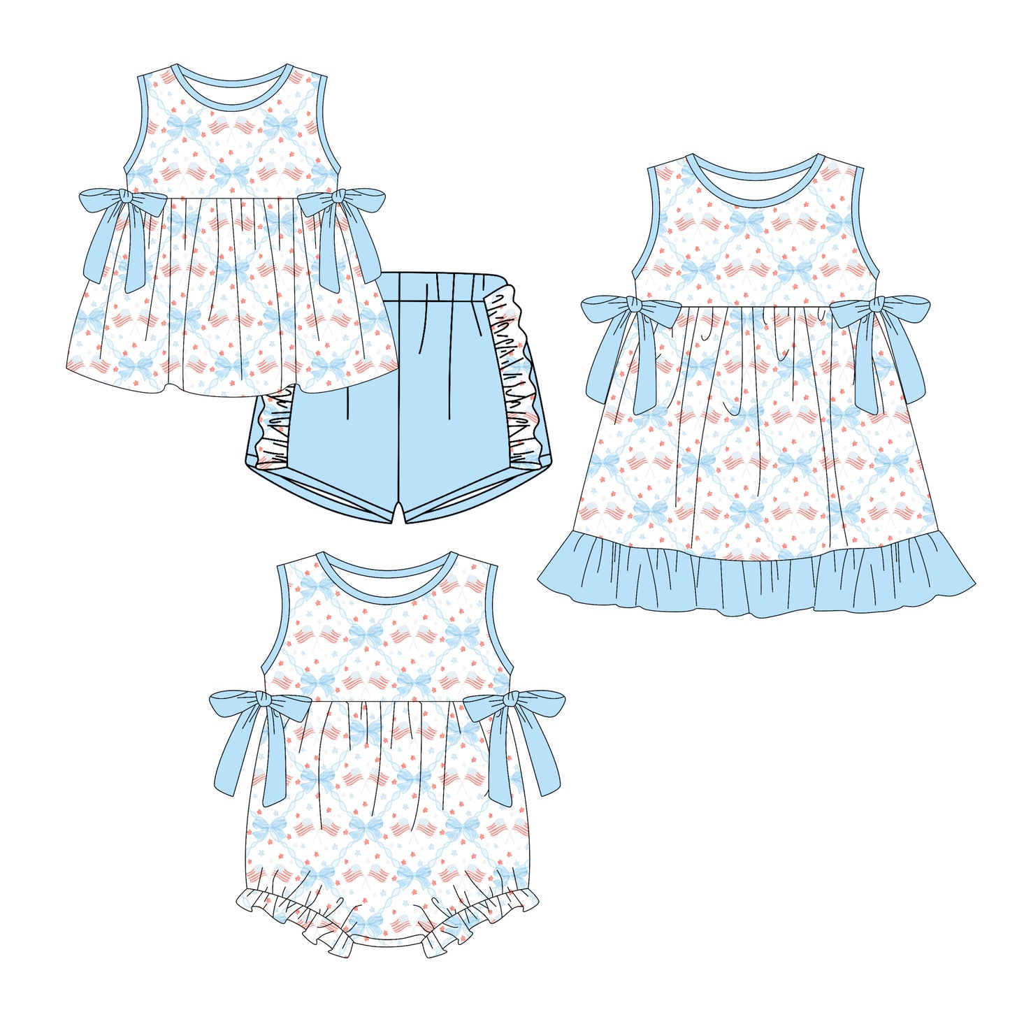 25.12.17 custom each style moq 5 eta 6-8week Sibling Sister flag bow baby short sleeve shorts sets and romper and dress match design