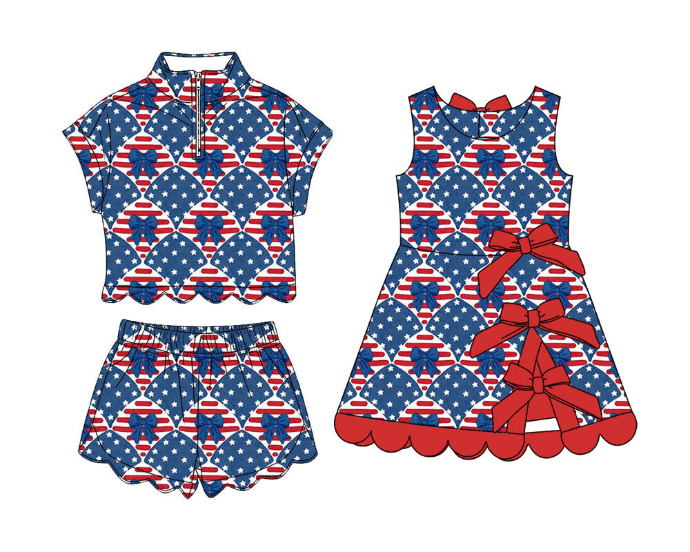 4.10 Custom moq 5 mix size Sibling Baby Girls 4th of July Zipper Top Short Scallop Sets Yoga Active Scallop Short Knee Length Dress