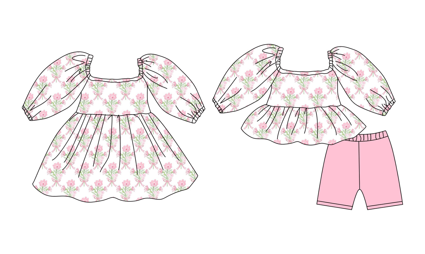 25.12.8 custom each style moq 5 eta 6-8week Sibling Sister floral bow baby short sleeve shorts sets and dress match design