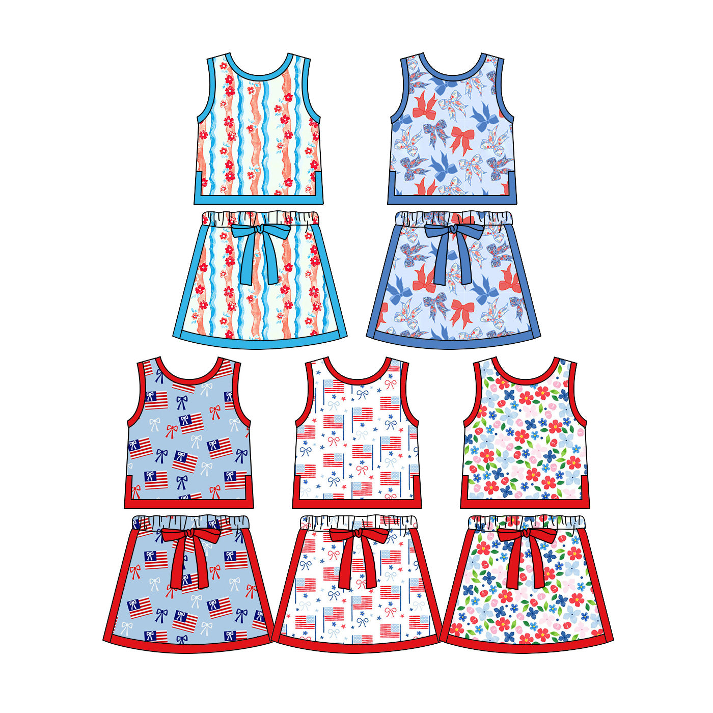 2.27 Custom moq 5 mix size Sibling Baby Girl 4th of July Sleeveless Top And Skirt with bow Set Cute Outfit