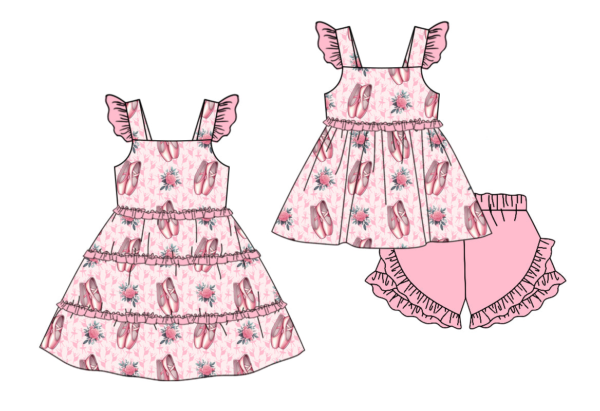 11.15 custom each style moq 5eta 4-6week Sibling Sister ballet shoes floral baby girl short sleeve shorts sets and dresses match design