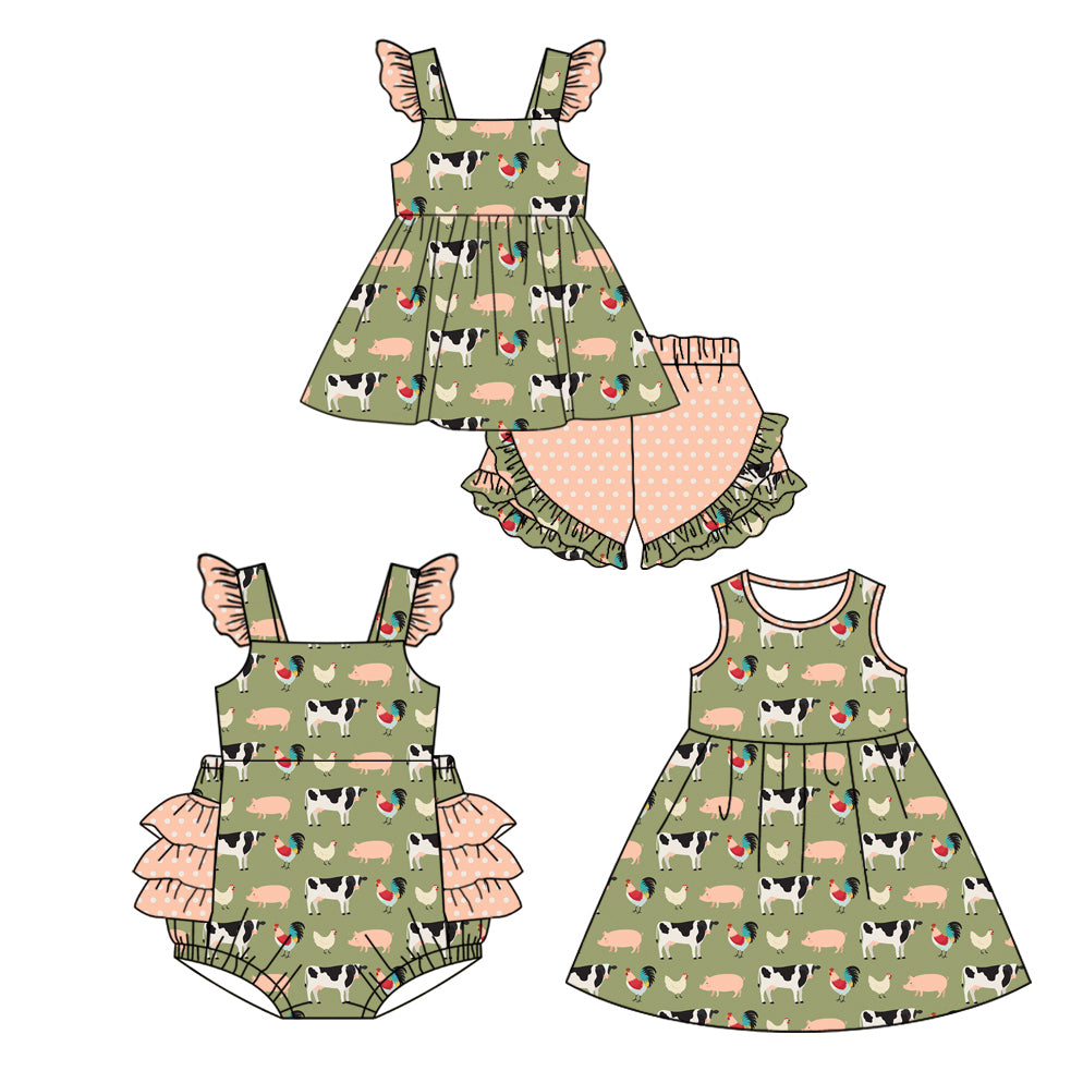 12.11 custom each style moq 5eta 4-6week Sibling Sister cow baby girl short sleeve shorts sets and dress and rompers match family design