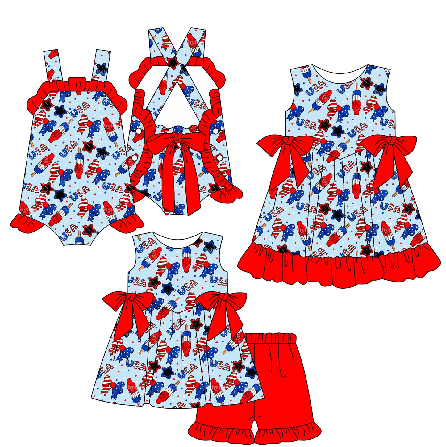 25.12.29 custom each style moq 5 eta 6-8week Sibling Sister USA baby short sleeve shorts sets and romper and dress match design