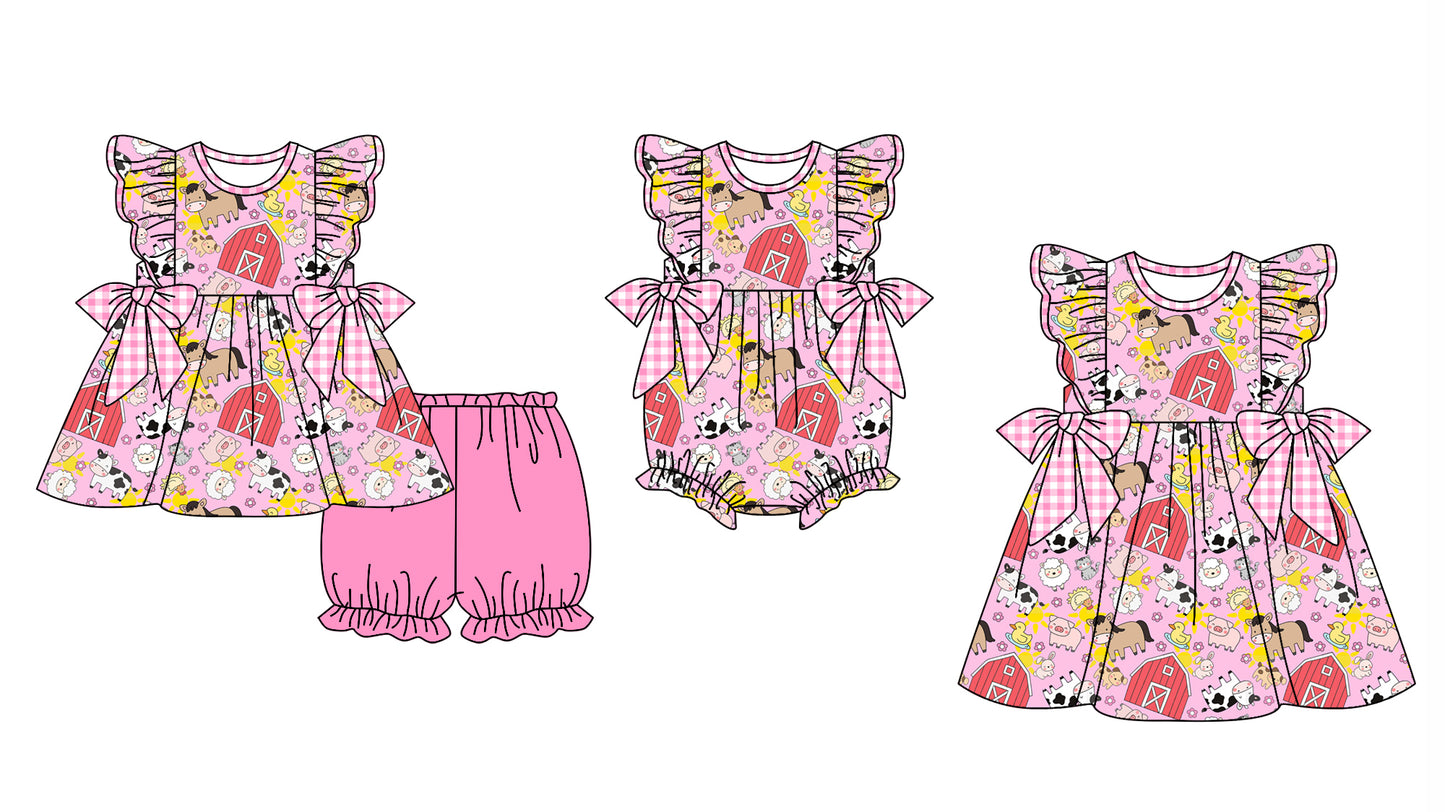 12.2 custom each style moq 5eta 4-6week Sibling Sister farm baby girl short sleeve shorts sets and dress and rompers match family design