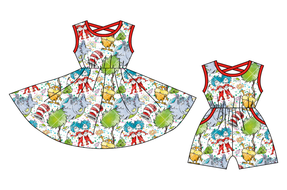 12.20 custom each style moq 5eta 4-6week Sibling Sister dr seuss baby girl short sleeve shorts dress and jumpsuit match design