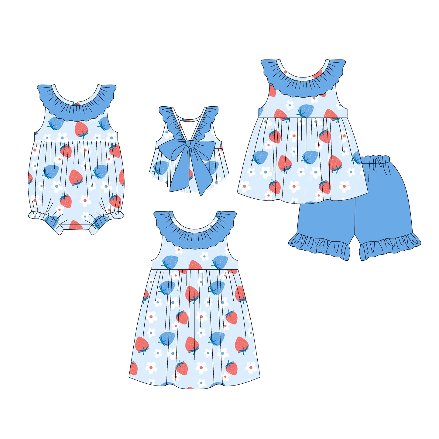 26.1.13 custom each style moq 5 eta 6-8week Sibling Sister strawberry floral baby short sleeve shorts sets and romper and dress match design