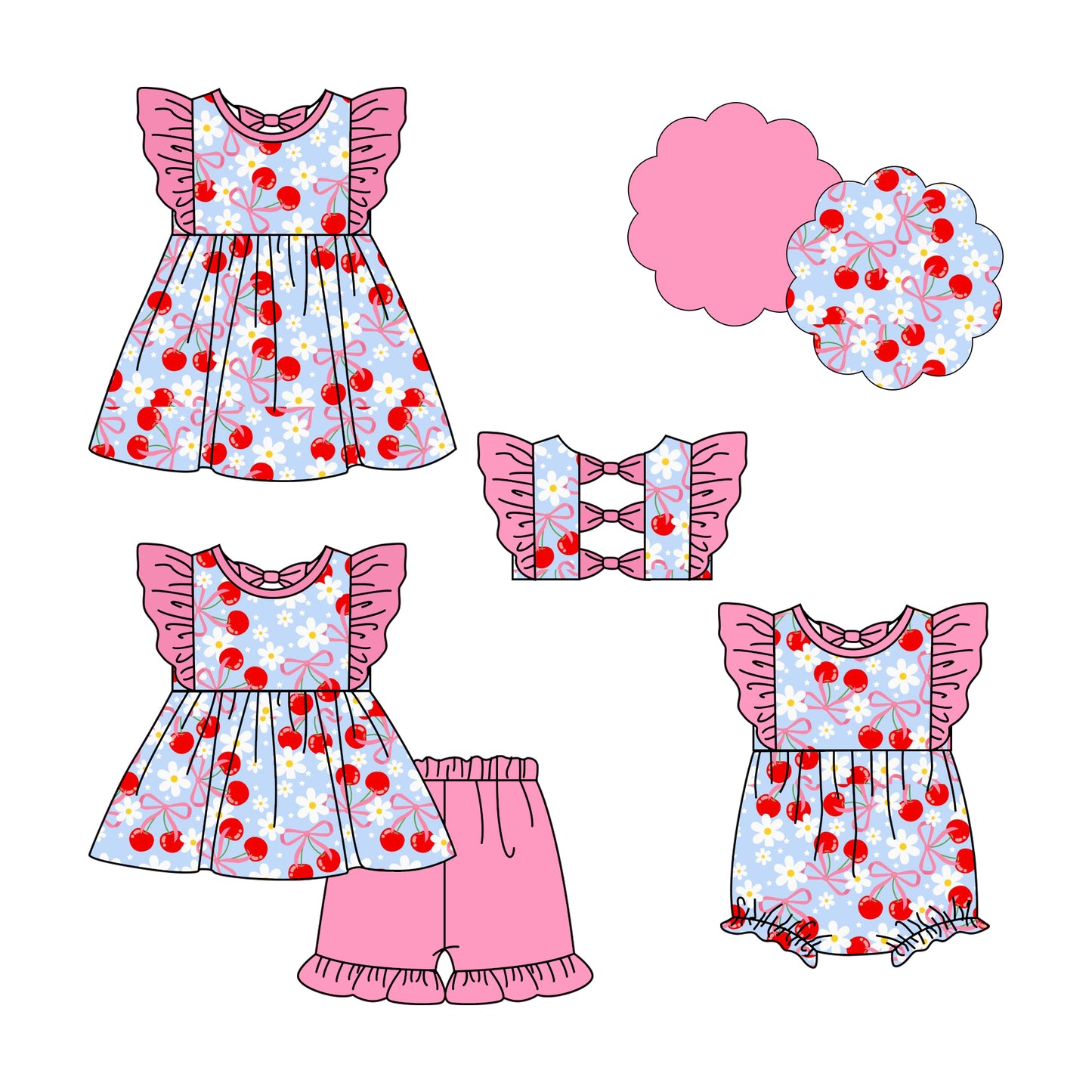 4.24 custom each style moq 5eta 4-6week Sibling Sisters bow floral baby girl short sleeve shorts sets and dress and rompers match family design