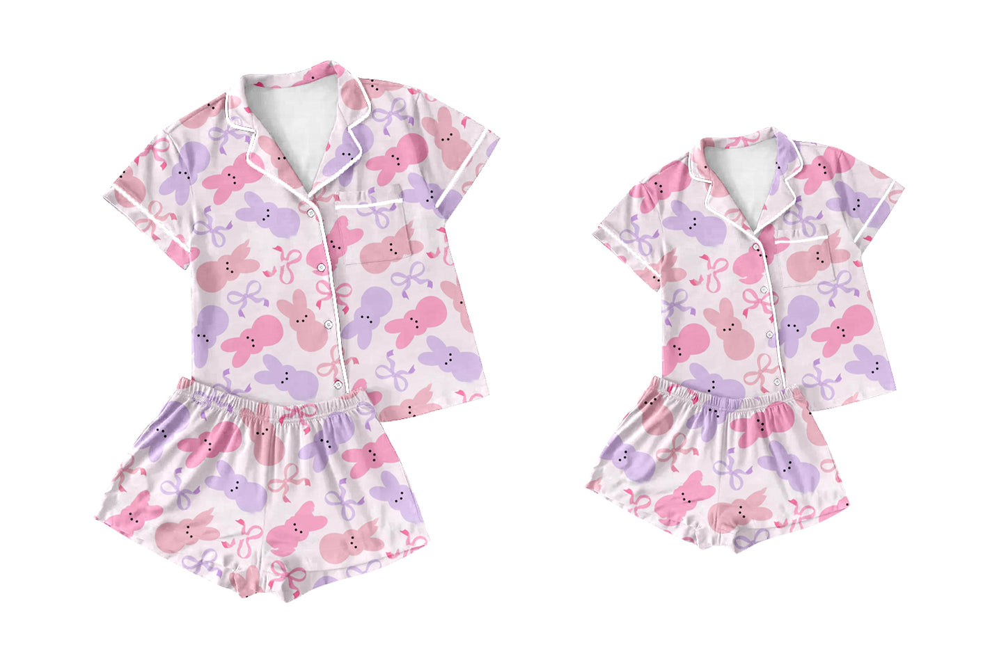 12.27 custom each style moq 5eta 4-6week Sibling Sister easter bunny bow short sleeve shorts sets and adult sets match design