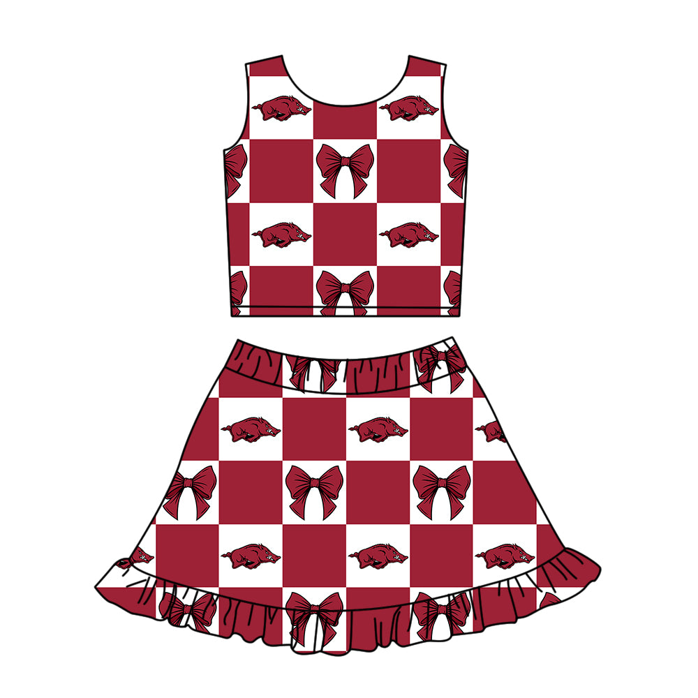 Custom moq 3 or 5 mix size milk silk summer teams baby girl clothes bow dark red sleeveless skirts sets-26.1.17