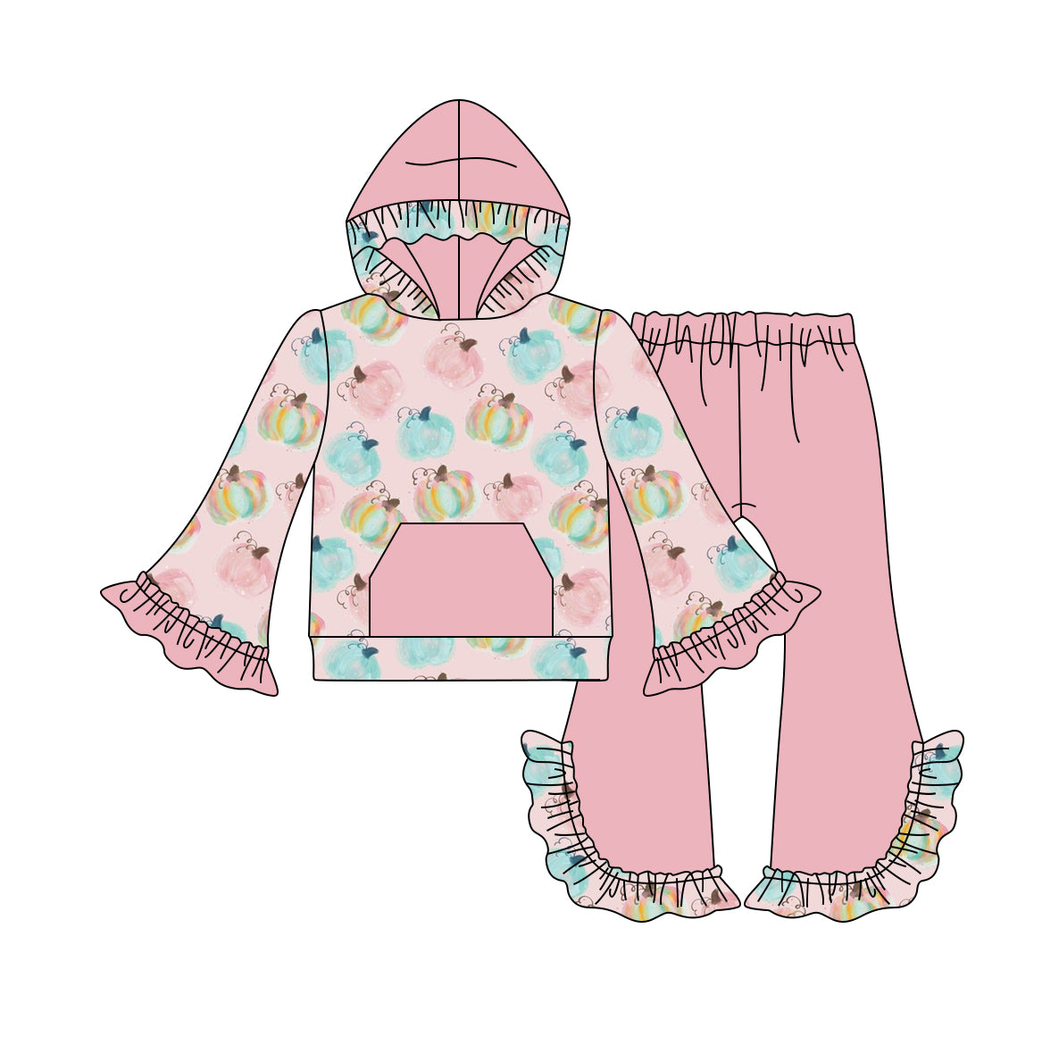 6.4 custom each style moq 5 eta 4-6week baby girls clothes pumpkin pink hooded long sleeve lace pants outfits