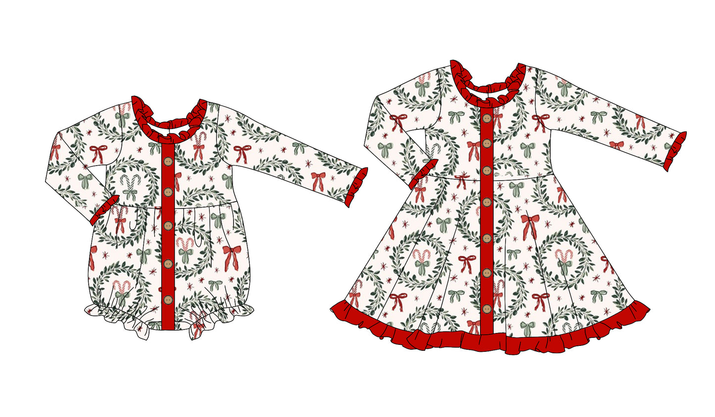 25.5.23 custom each style moq 5eta 4-6week Sibling Sisters Christmas bow baby girl long sleeve dress and rompers match family design