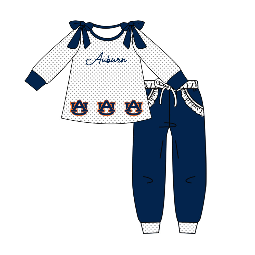 Custom moq 5 mix size milk silk summer teams baby girl clothes navy blue long sleeve pants sets-25.10.14