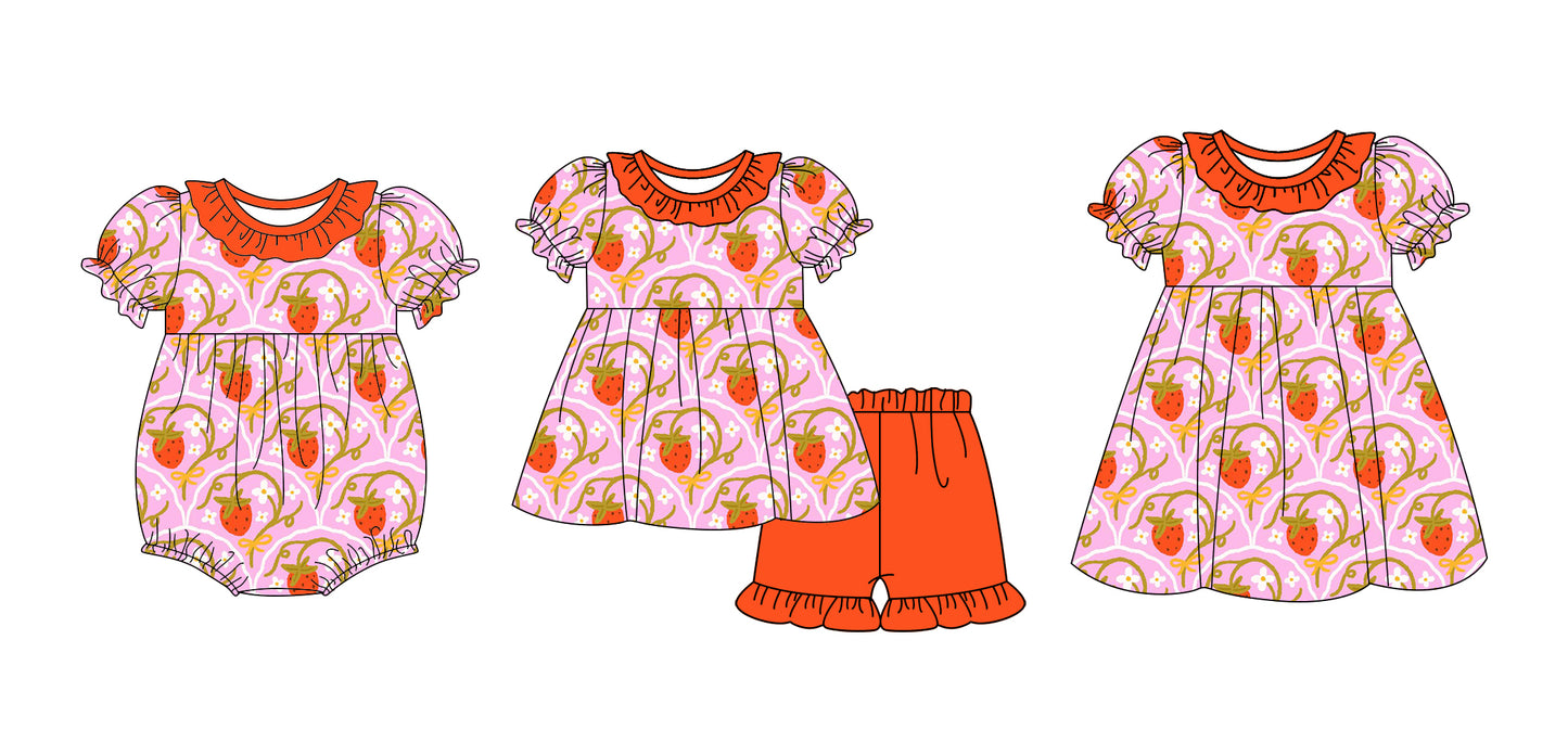 2.21 custom each style moq 5eta 4-6week Sibling Sisters strawberry baby girl short sleeve shorts sets and dress and rompers match family design