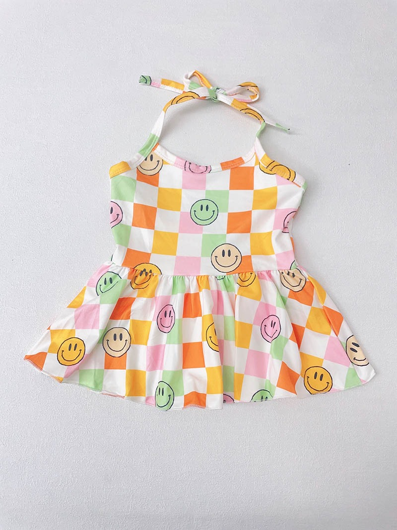 5.17custom each style moq 5eta 4-5week Smiley Warm Color Plaid Print Shoulder Skirt