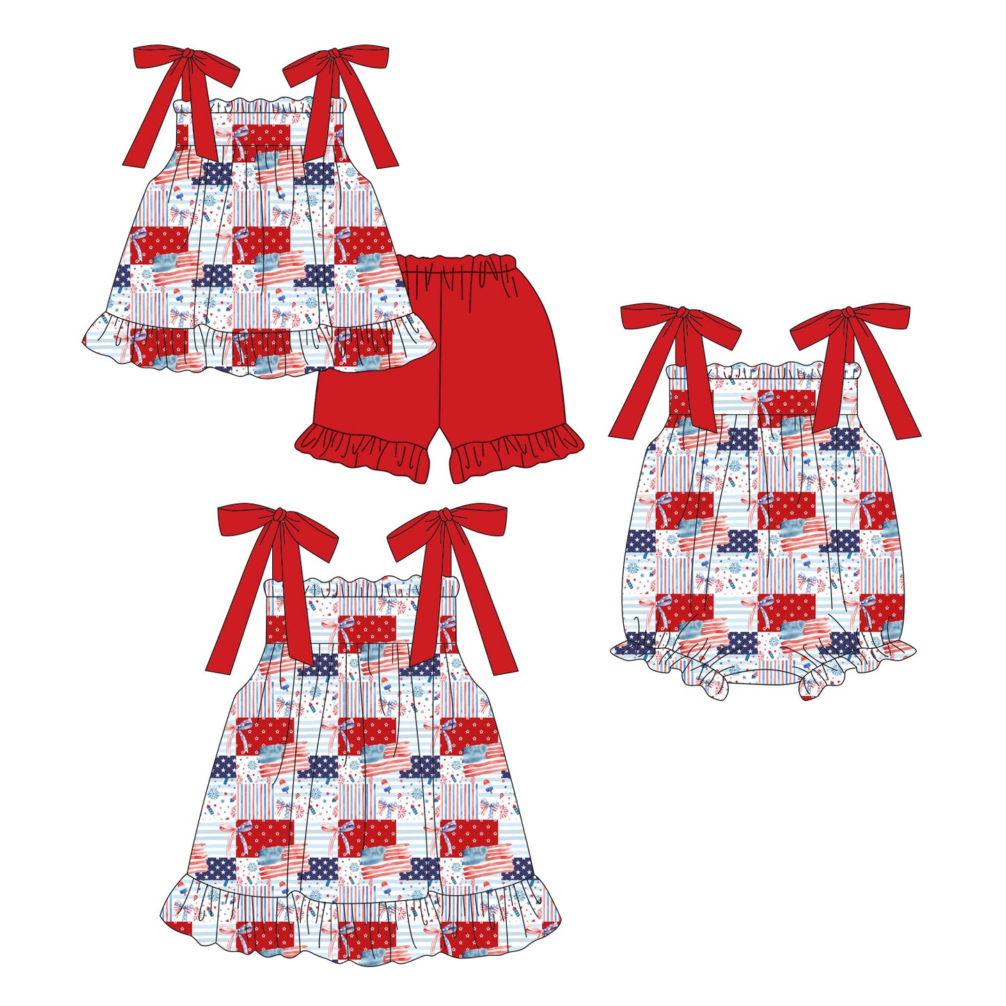 3.14 Custom moq 5 mix size Sibling Cute Clothes Baby Girl's 4th of July Checked Strap Top And Red Short Set Matching Romper Dress for Summer