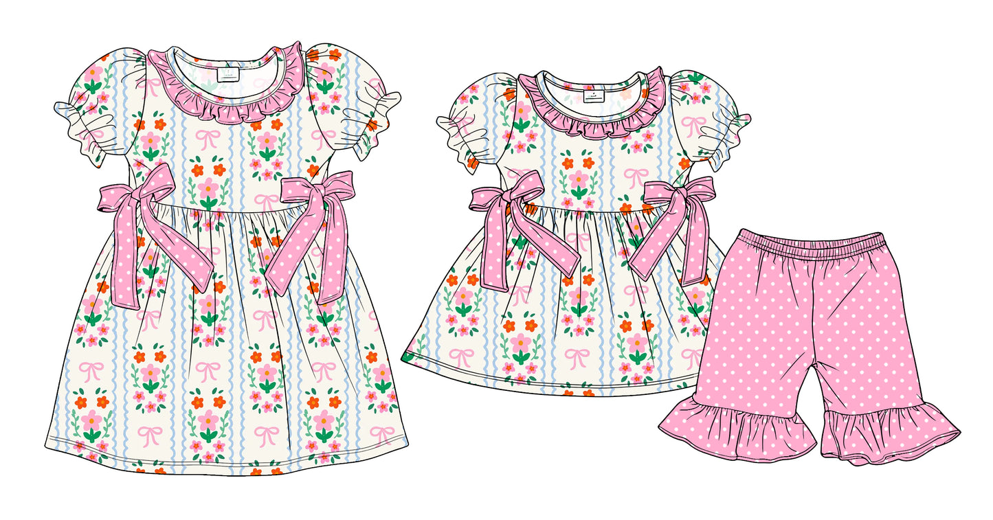 3.24 Custom moq 5 mix size Sibling Baby Girl's Flowers Short-Sleeved Top with Bow And Pink Short Set Cute Short-Sleeved Dress for Summer