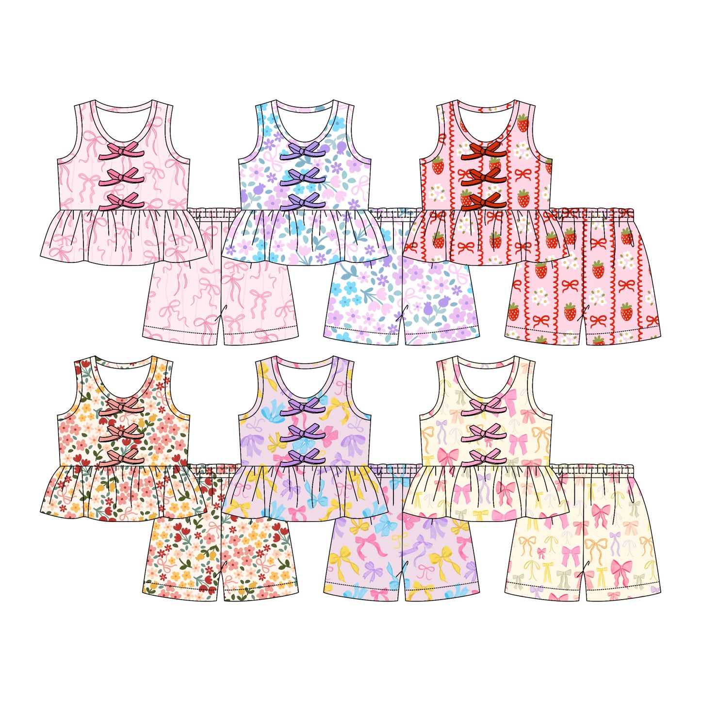 3.11 Custom moq 5 mix size Sibling Baby Girl Bow Print Sleeveless Top And Shorts Set Cute Summer Outfit