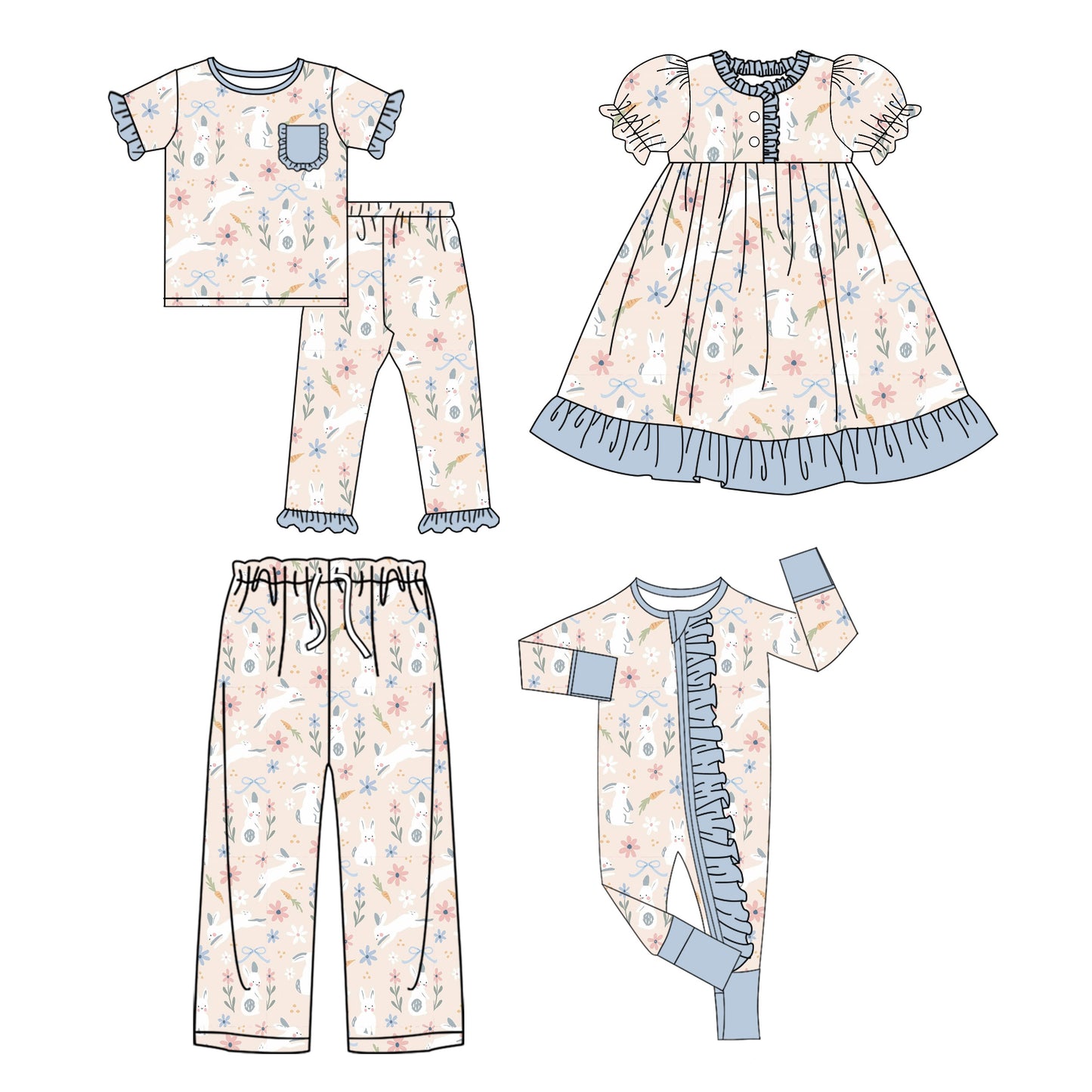 25.9.25 custom each style moq 8 eta 6-8week Sibling Sister bunny floral baby short sleeve pants sets and romper and dress and adult pants match design