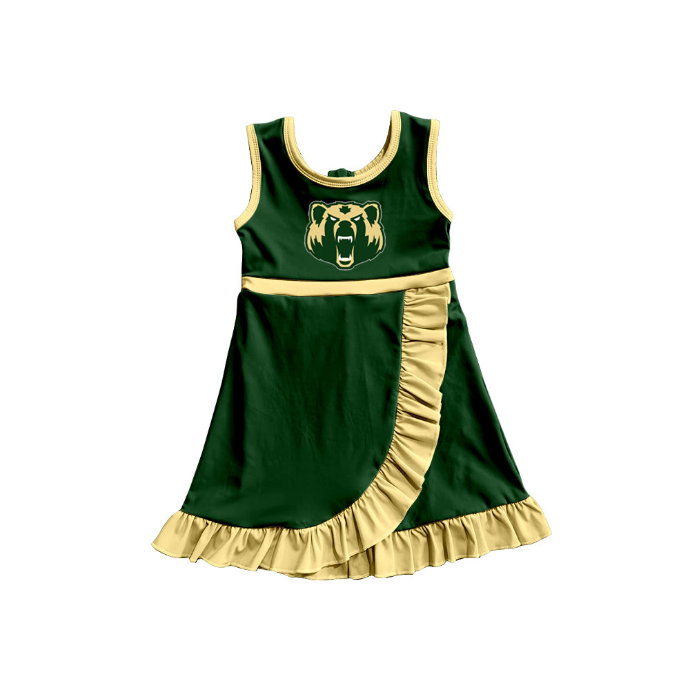 Custom moq 5 mix size milk silk summer teams Baby Girls Green Scallop Sleeveless Yoga Knee Length Dress
