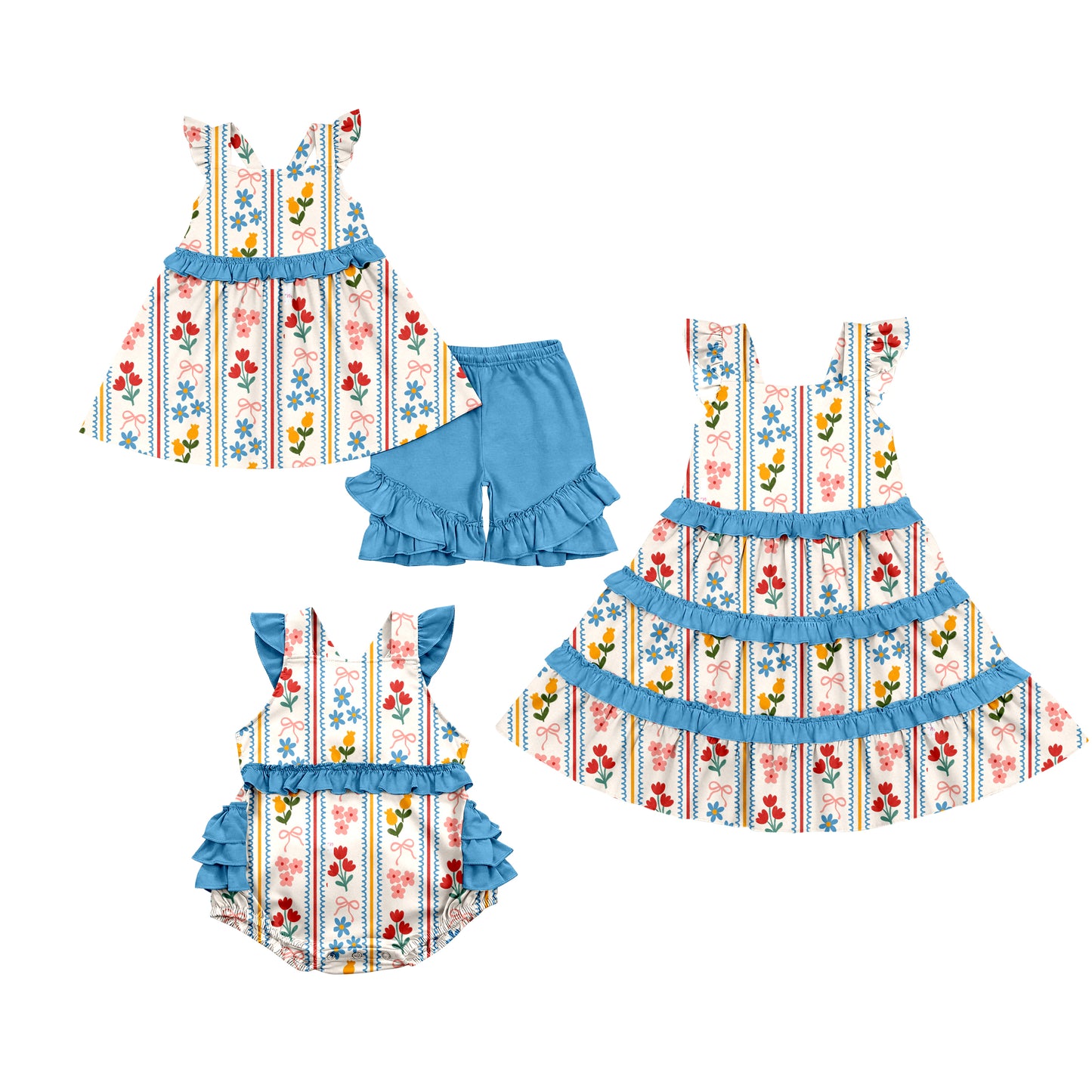 Custom moq 5 mix size Sibling Baby Girl's Floral Print Short-Sleeved Top And Shorts Set Cute Romper Dress for Spring Summer