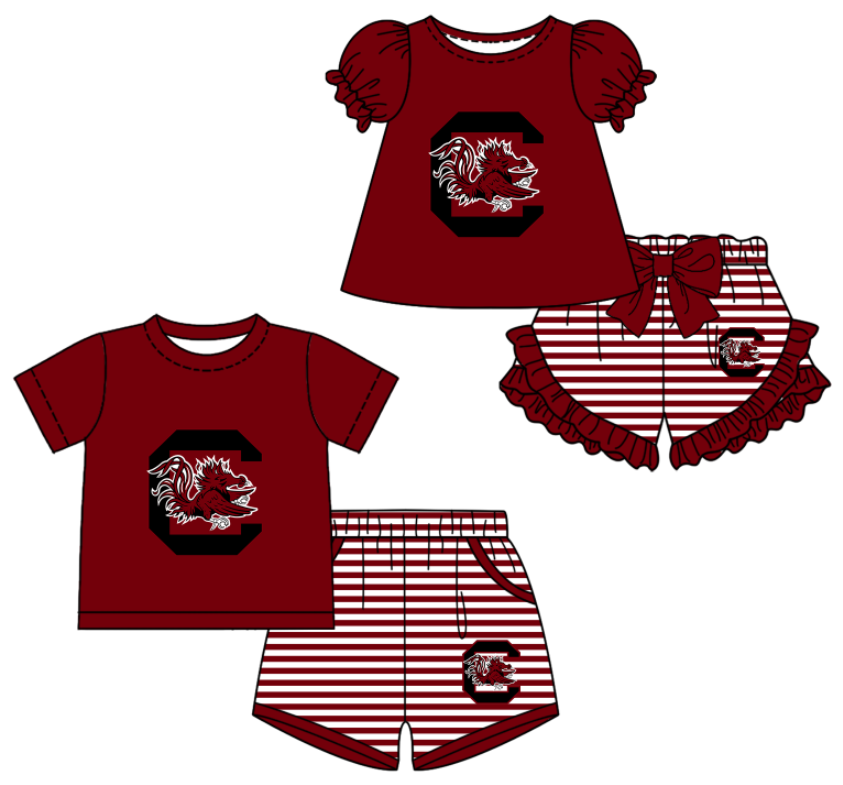 Custom moq 5 mix size milk silk summer teams Dark red Baby Girl Boy Short-Sleeved Shorts Set Toddler Kids Clothing Set