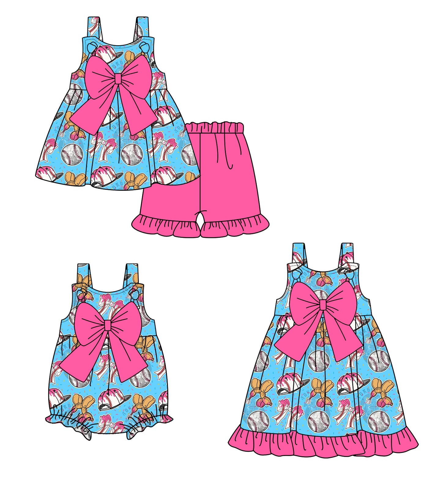 4.19 custom each style moq 5eta 4-6week Sibling Sisters baseball bow baby girl short sleeve shorts sets and dress and rompers match family design