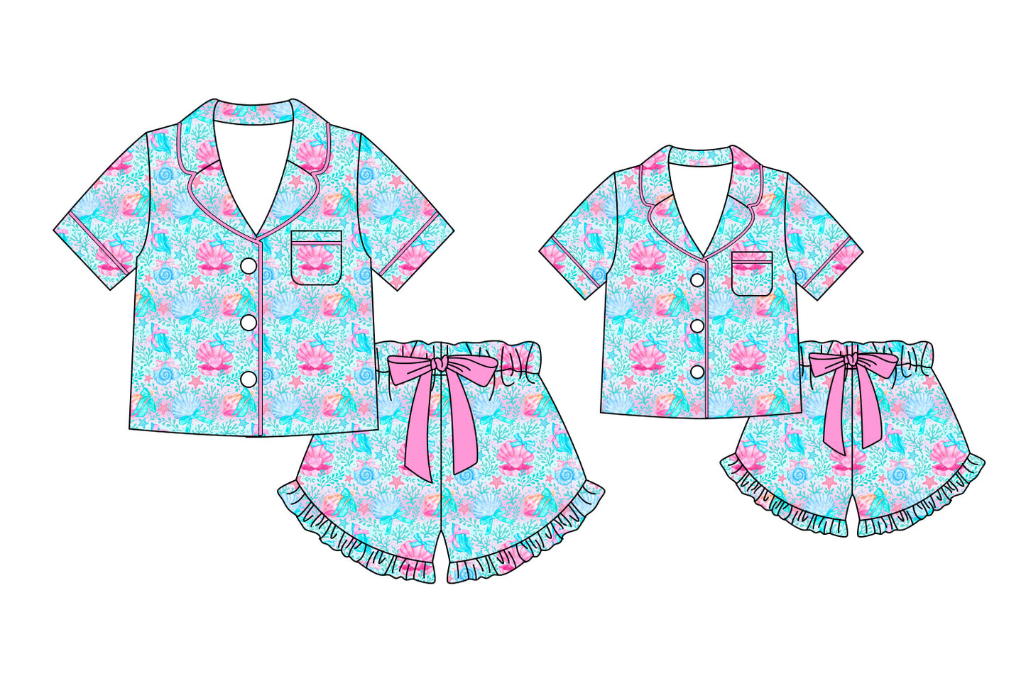 Custom moq 5 mix size Sibling Mom And Me Print blue Pajama Set Short-Sleeved Top And Shorts Matching Sleepwear