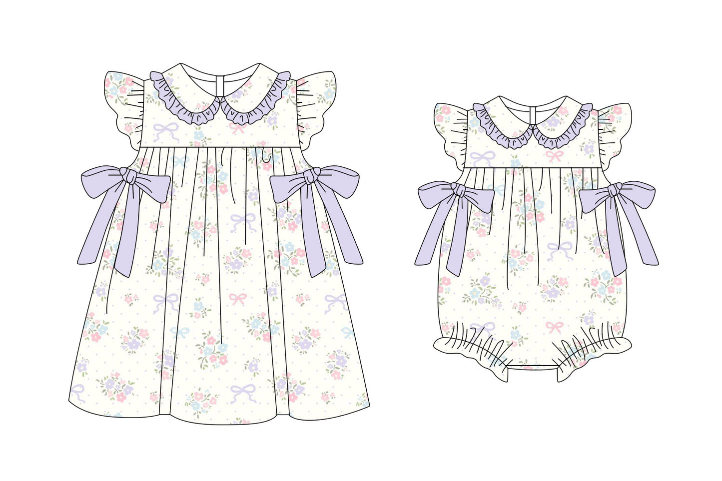 25.11.6 custom each style moq 5 eta 6-8week Sibling Sister floral bow baby short sleeve romper and dress match design