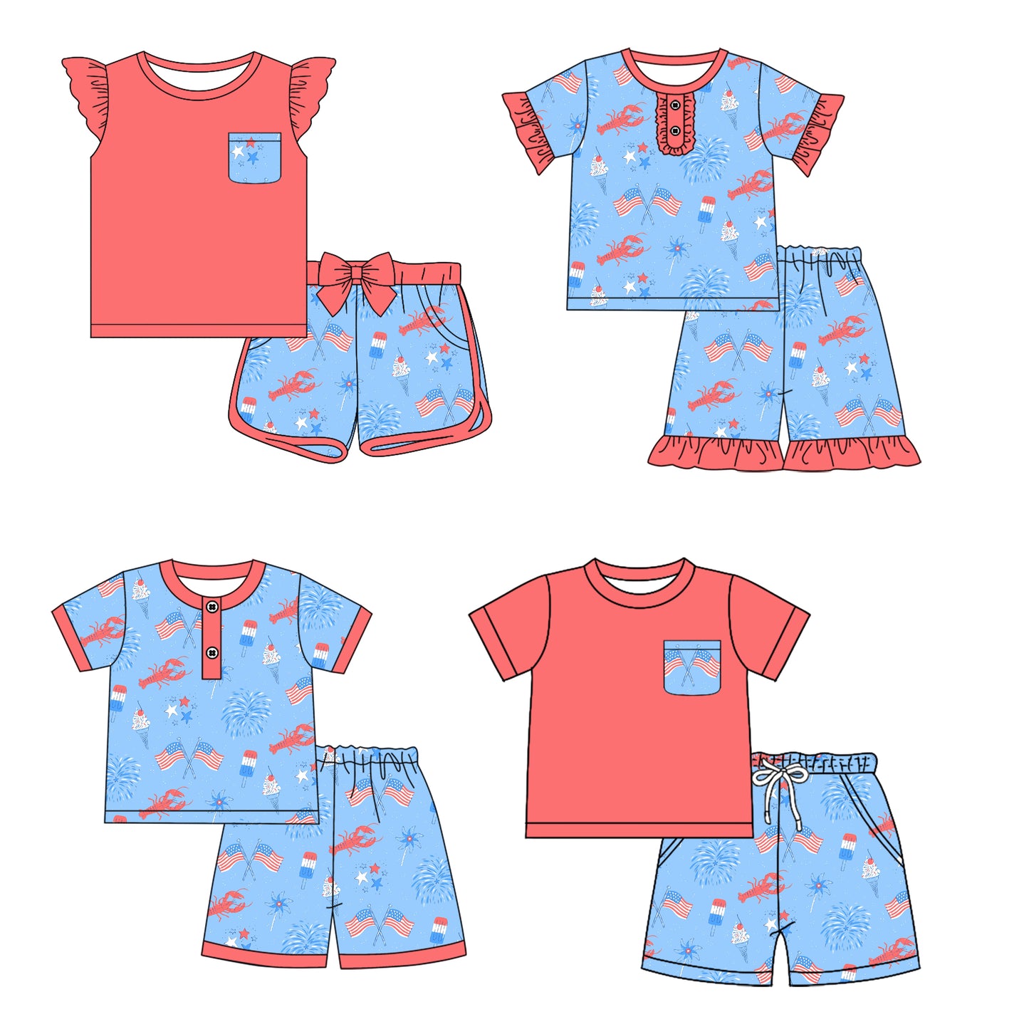 12.17 custom each style moq 5eta 4-6week Sibling Sister 4th of july baby boy short sleeve shorts fish sets 1 and easter sets 2 and set 3 match design