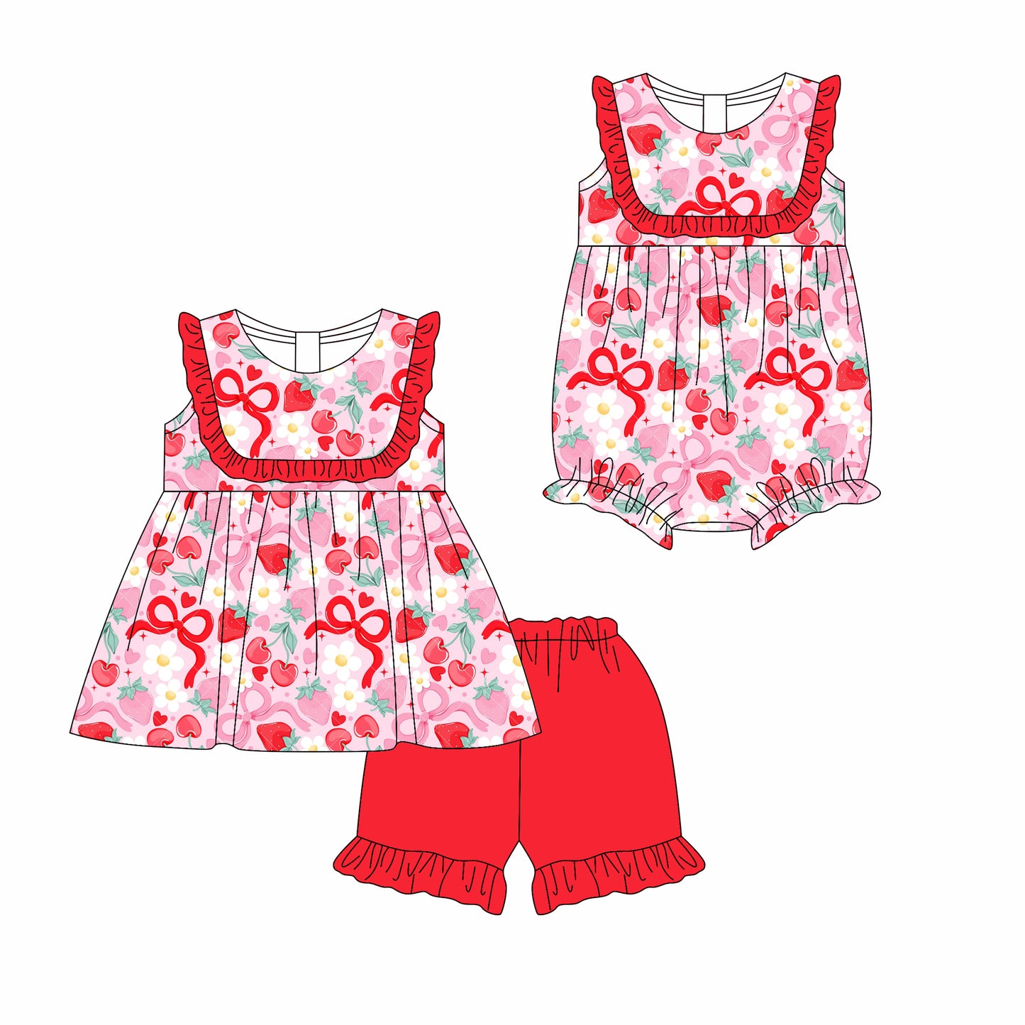 26.1.23 custom each style moq 5 eta 6-8week Sibling Sister strawberry bow baby girl short sleeve shorts sets and romper match design
