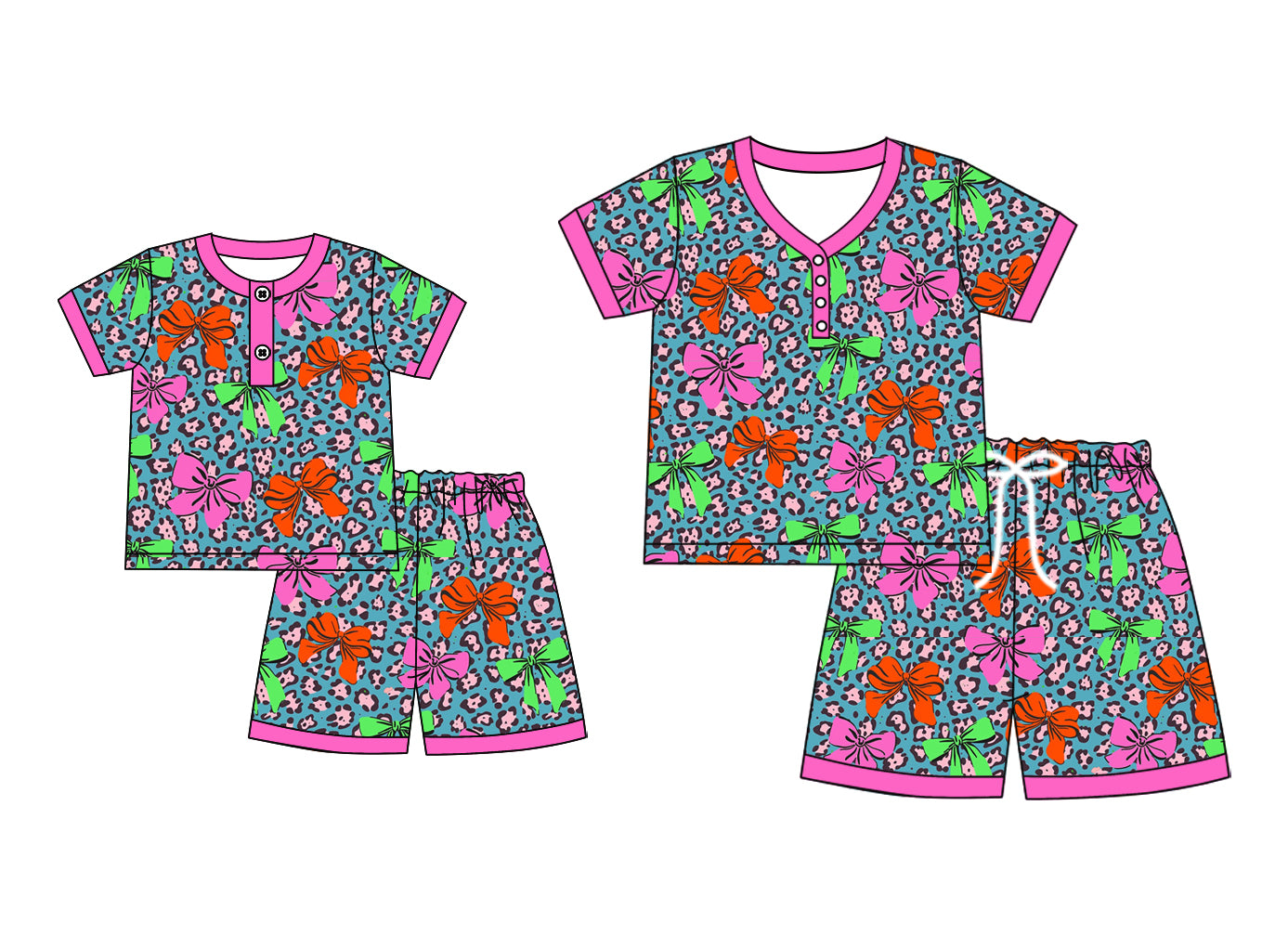4.22 custom each style moq 5eta 4-6week Sibling Sister bow leopard short sleeve shorts sets and adult sets match design