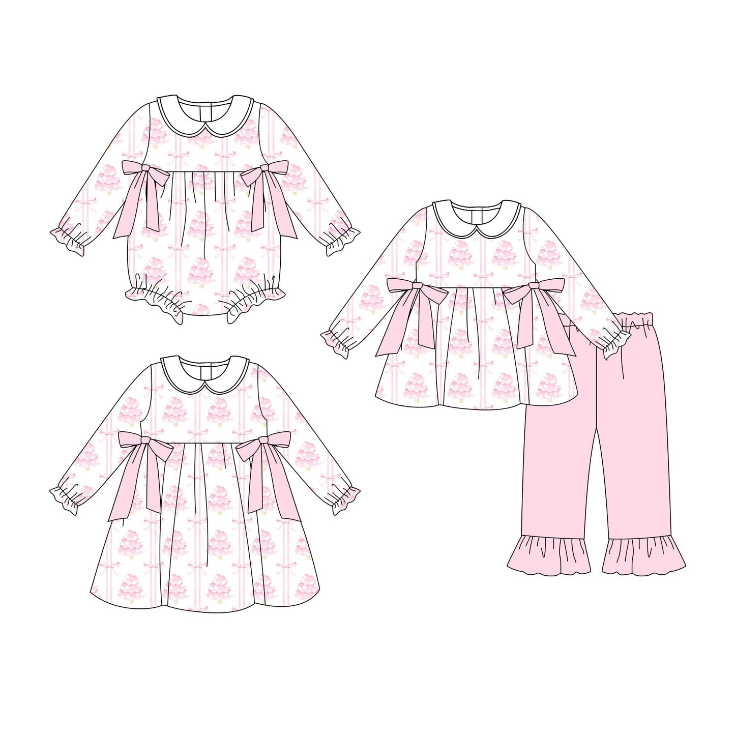 25.8.27 custom each style moq 5eta 4-6week Sibling Sisters Christmas trees bow pink baby girl long sleeve pants sets and dress and rompers match family design