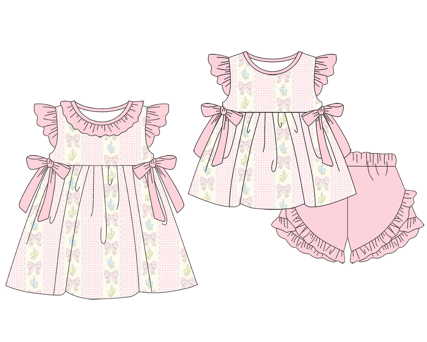 3.18 Custom moq 5 mix size Sibling Baby Girl's Pink Flutter Sleeve Tunic Ruffle Shorts Set Cute Dress for Summer