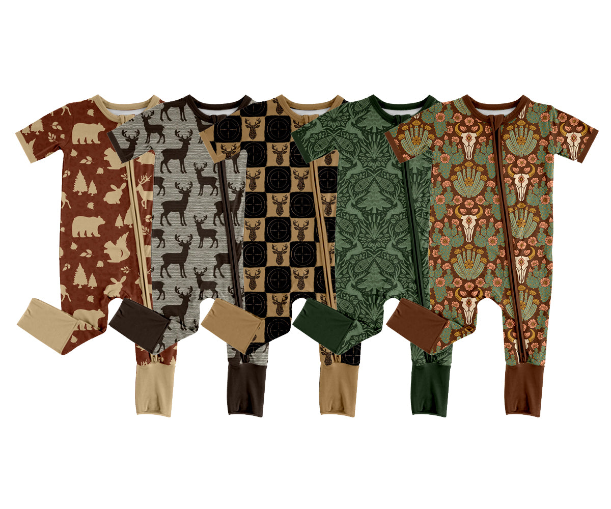 4.14 Custom moq 5 mix size Sibling Baby Boys Deer Print Short Sleeve Rompers Two-Way Zip Convertible Hunting Outfit for Infants