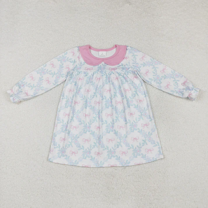 RTS NO MOQ Blue leaf diamond shape pink bow baby collar long sleeve suit & dress