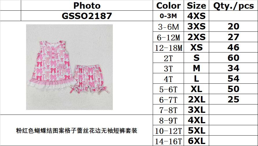 RTS NO MOQ ETA 5/7days Arrived GSSO2187 Pink bow pattern plaid lace sleeveless shorts set