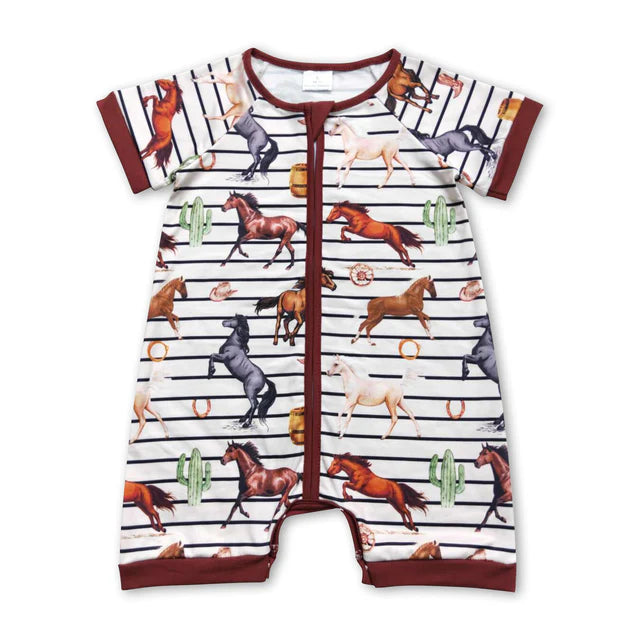 RTS NO MOQ Sibling Baby Infant Boys Western Cowboys Short Sleeve Zip Rompers
