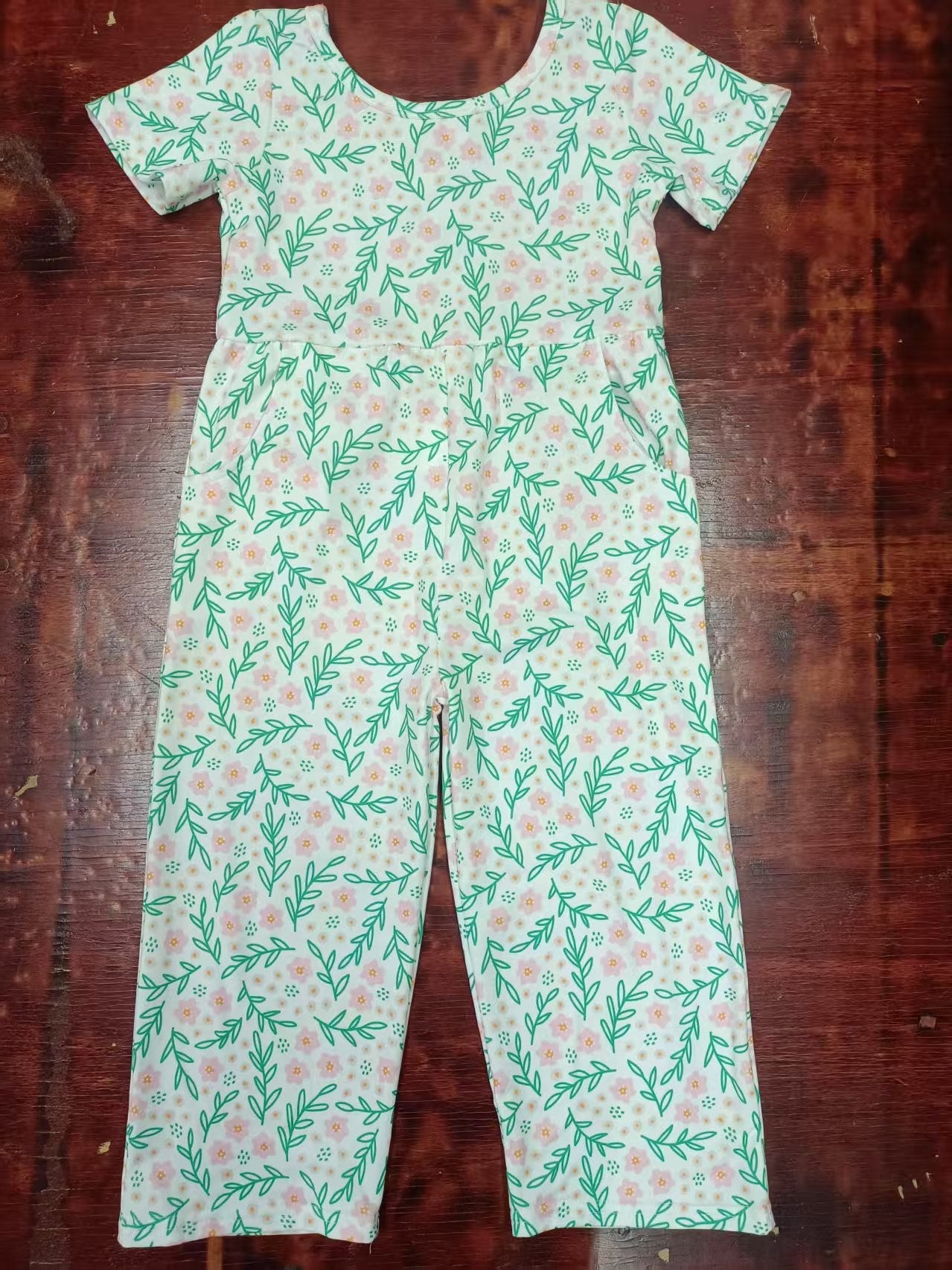 Custom moq 3 eta 6-7weeks baby girls clothes leaf floral short sleeve jumpsuit-25.4.30