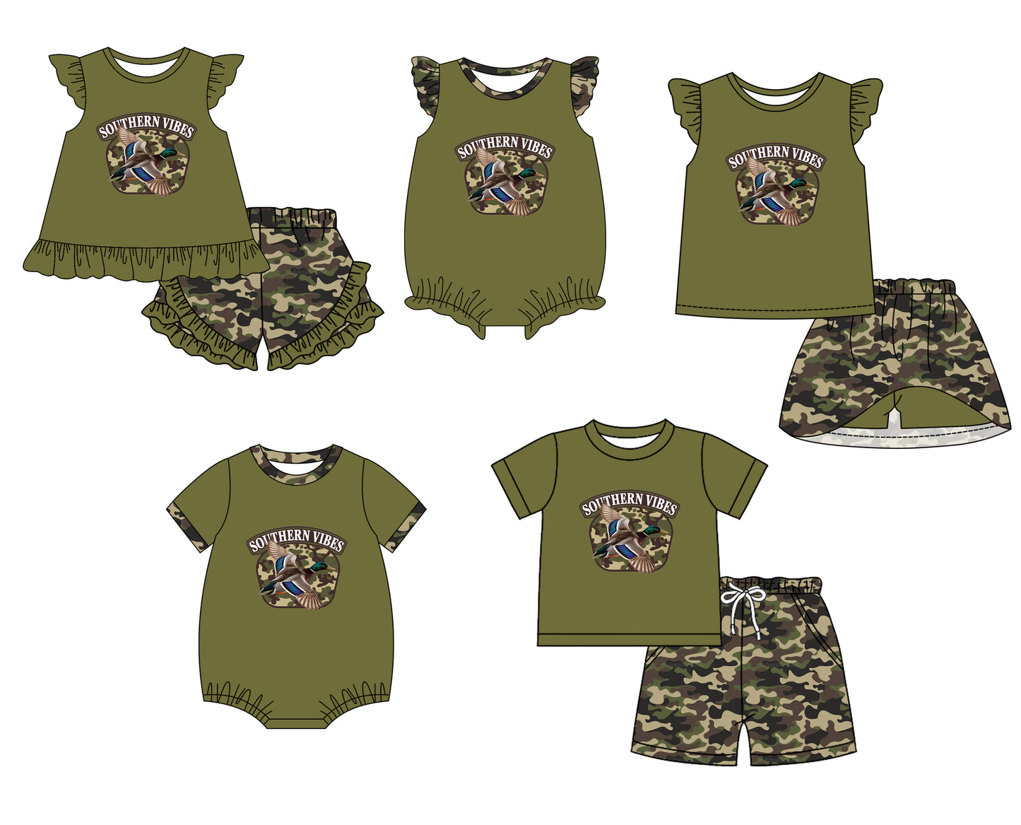 12.4 custom each style moq 5eta 4-6week Sibling Sister SOUTHERN duck camouflage baby girl short sleeve shorts sets and sets 2 and girls romper and boy romper and dress match design