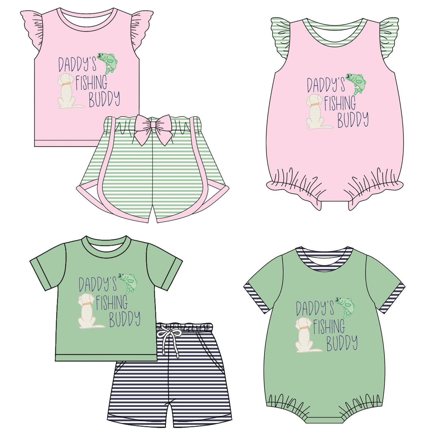 11.26 custom each style moq 5eta 4-6week Sibling Sister daddy fishing baby girl short sleeve shorts sets and sets 2 and girls romper and boy romper match design