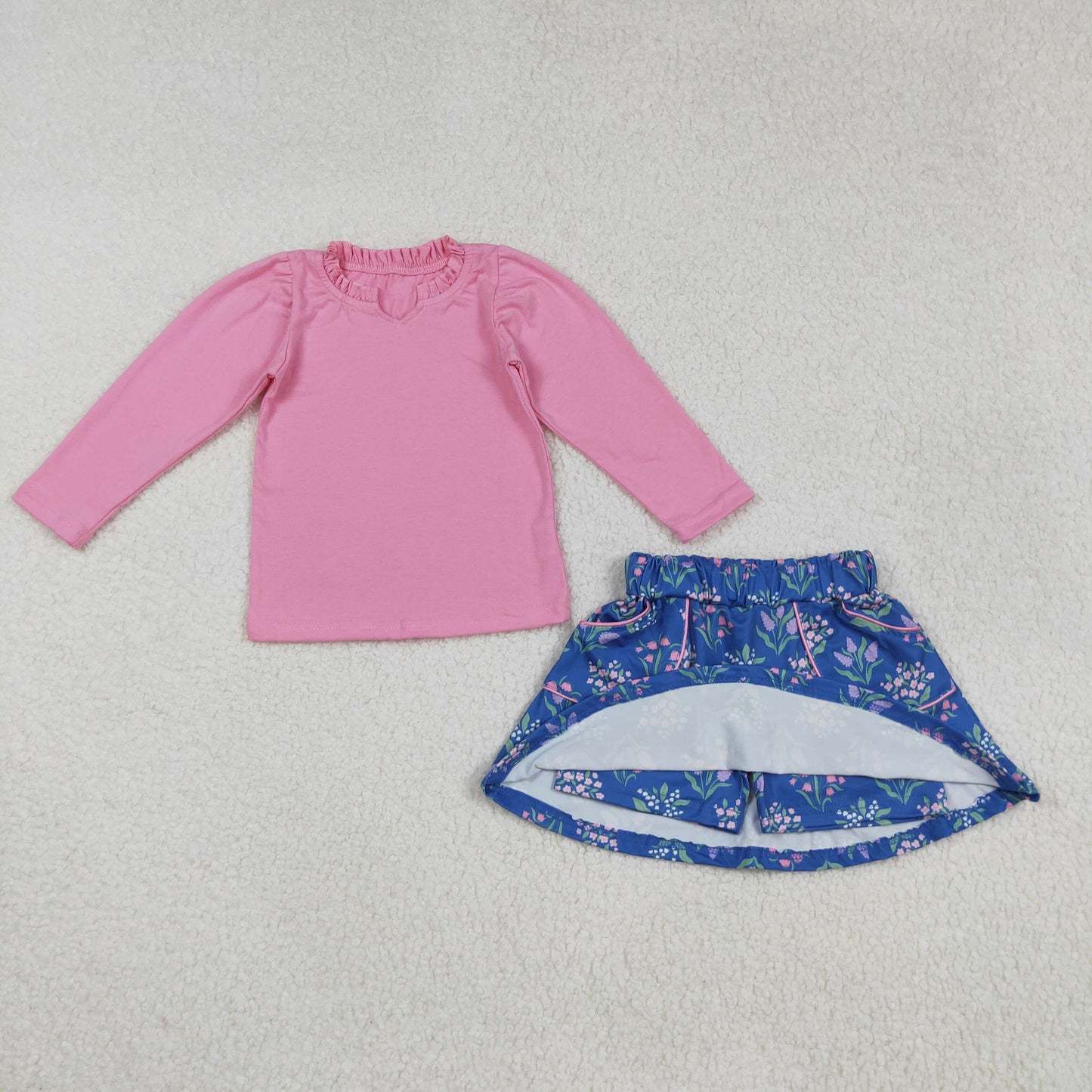 RTS NO MOQ(In Stock) GLD1256 Pure pink long-sleeved floral blue skirt set