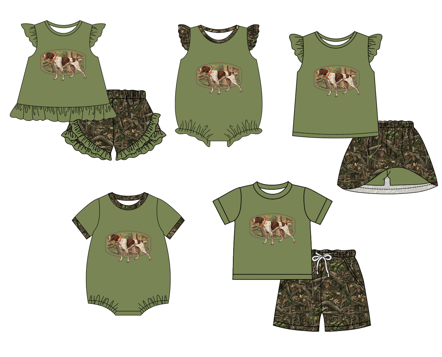 12.4 custom each style moq 5eta 4-6week Sibling Sister dog camouflage baby girl short sleeve shorts sets and sets 2 and girls romper and boy romper and dress match design
