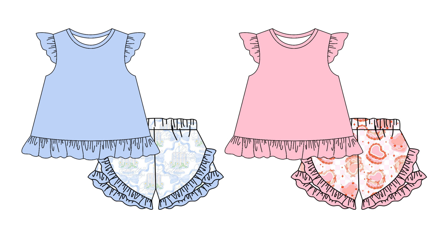 2.10 custom each style moq 5eta 4-6week Sibling Sister baby girls short sleeve shorts sets and set 2 match design