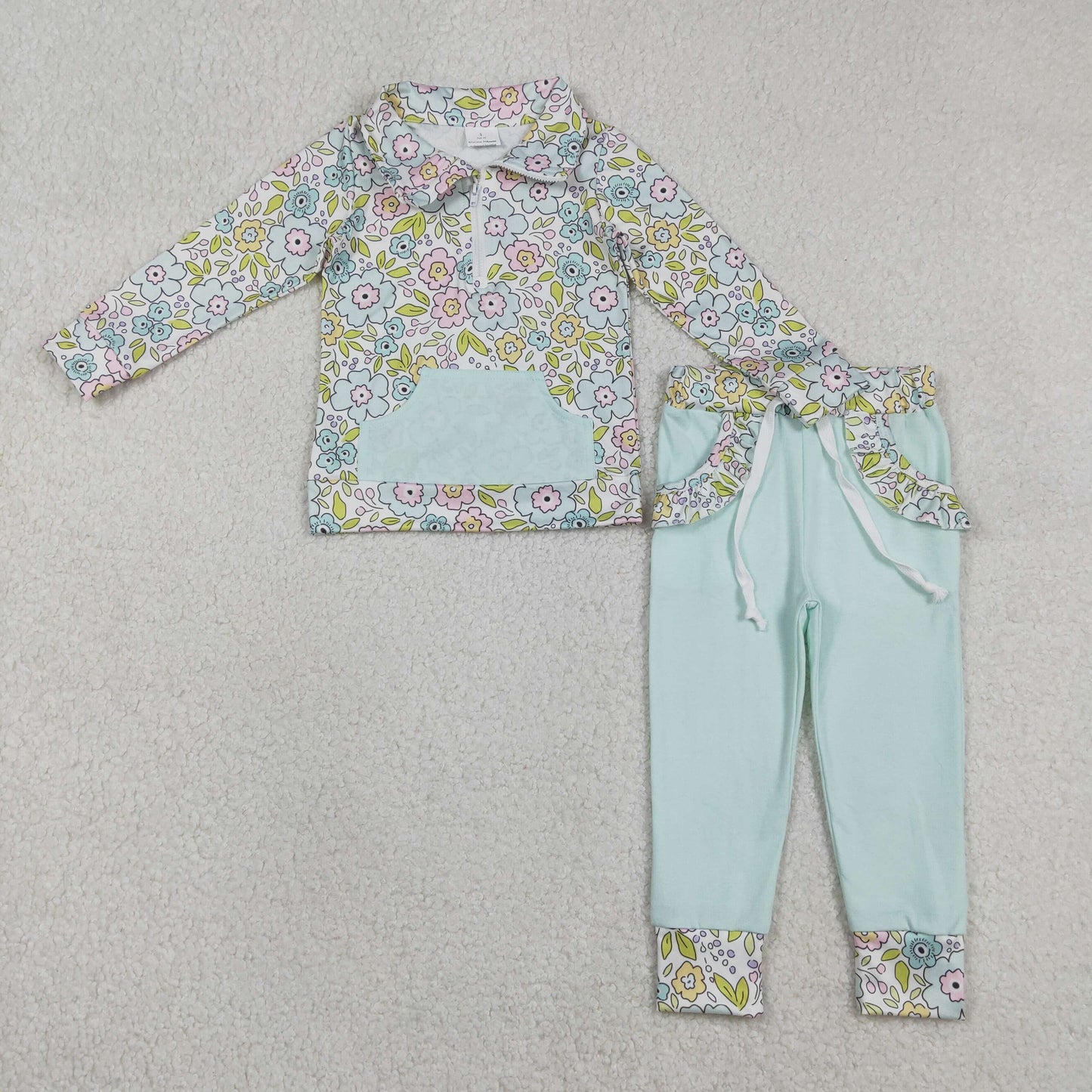 RTS NO MOQ(In Stock) GLP3278 Colorful Floral and Leaf Blue-Green Pocket Zipper Long-Sleeved Pants Set