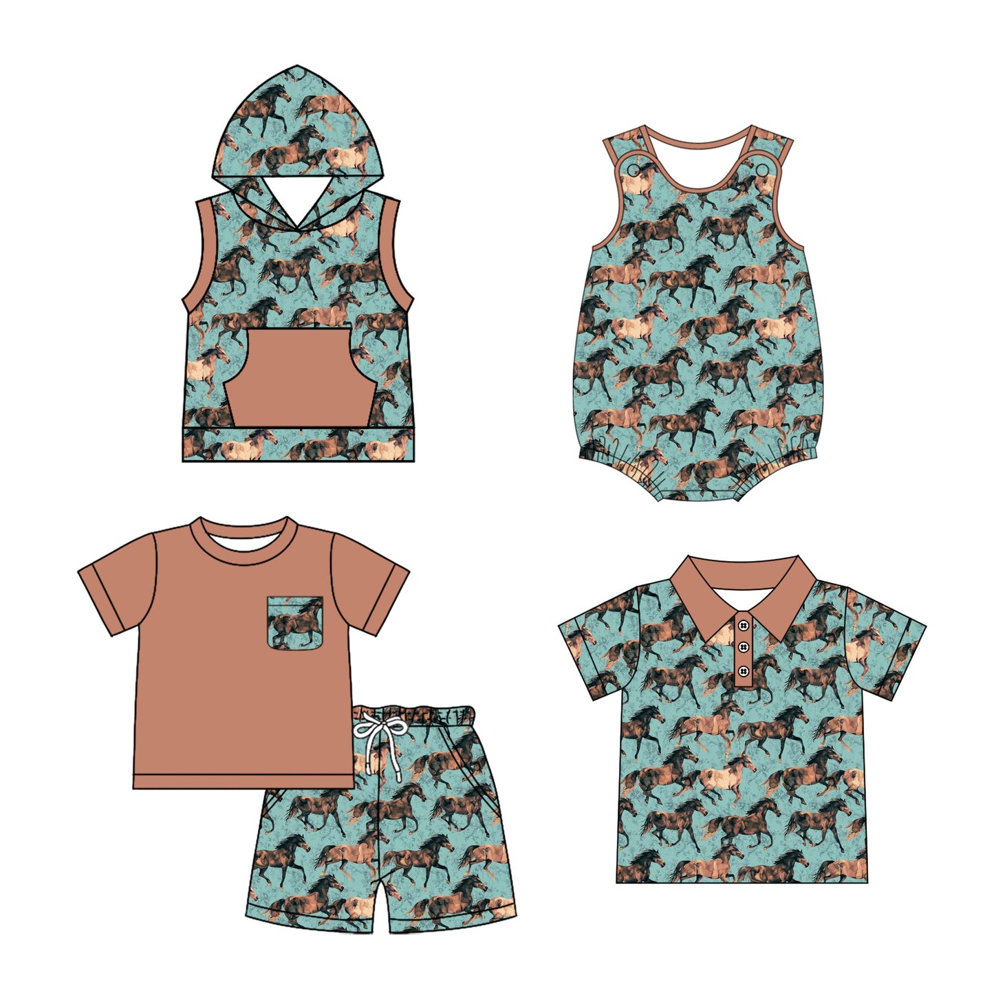 2.10 custom each style moq 5eta 4-6week Sibling Sister horse baby girl sets and boy rompers 1 and romper 2 and top match family design