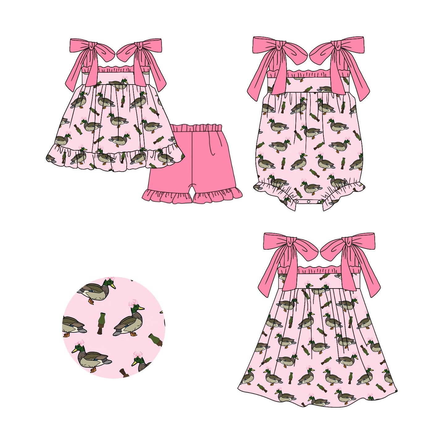 11.26 custom each style moq 5eta 4-6week Sibling Sister duck pink baby girl short sleeve shorts sets and dress and rompers match family design