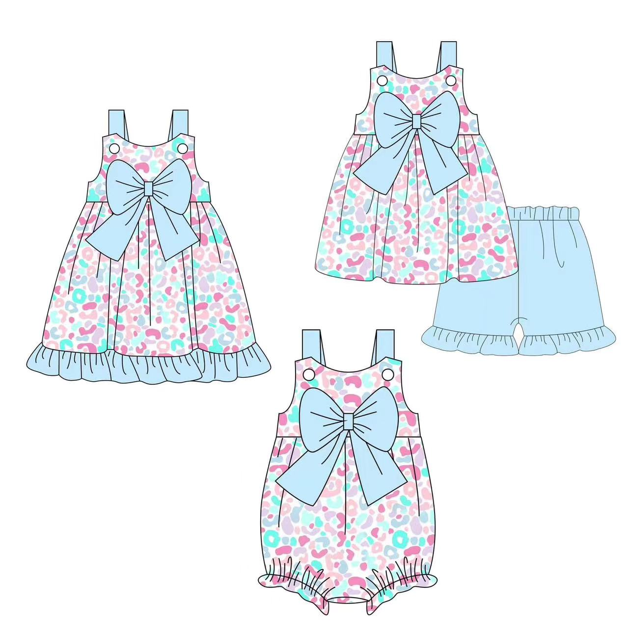 Custom summer baby girls clothes leopard short sleeve shorts sets dress romper