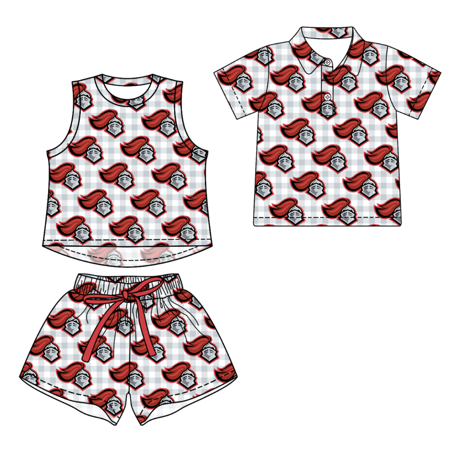 Custom moq 5 mix size milk silk summer teams Girls Grey Sleeveless Checked Top And Short Sets Boys Grey Checked Short Sleeve Button Polo Shirt Top