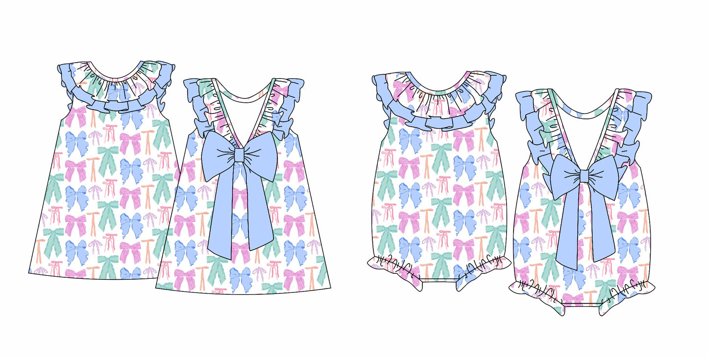 12.14 custom each style moq 5eta 4-6week Sibling Sister bow baby girl short sleeve dress and rompers match family design